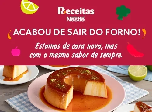 Imagem pudim, com o texto: "Acabou de sair do forno"